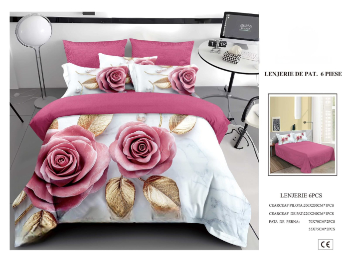Lenjerie De Pat Finet 6 Piese 5D - Trandafiri Roz Si Petale Aurii [1]