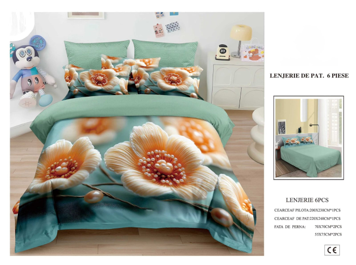 Lenjerie De Pat Finet 6 Piese 5D - Vernil Cu Flori [1]
