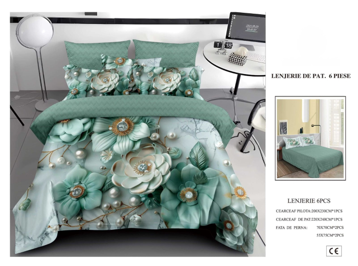 Lenjerie De Pat Finet 6 Piese 5D - Vernil Cu Flori Si Perle [1]