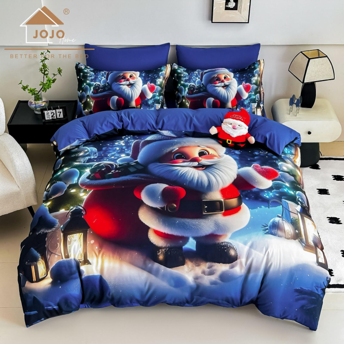 Lenjerie De Pat Finet 6 Piese Cu Elastic 5D Model Craciun - Mos Craciun Fericit [1]