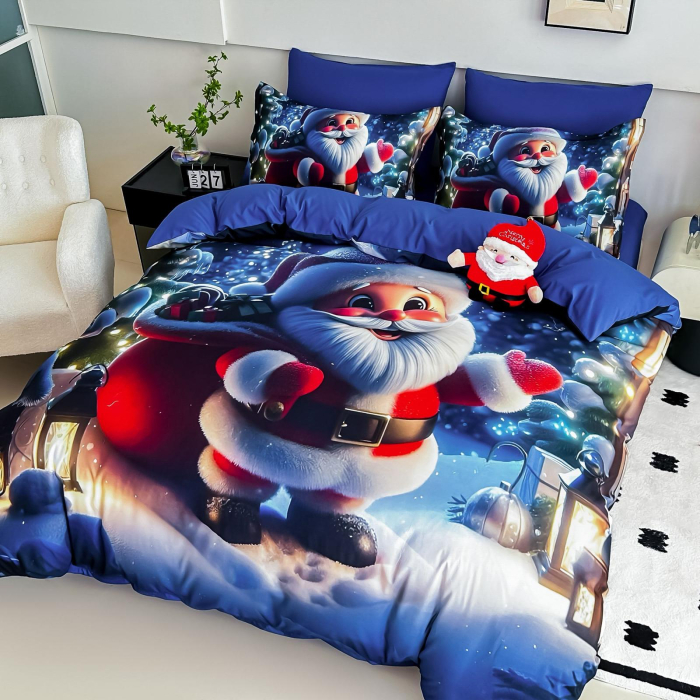 Lenjerie De Pat Finet 6 Piese Cu Elastic 5D Model Craciun - Mos Craciun Fericit [4]