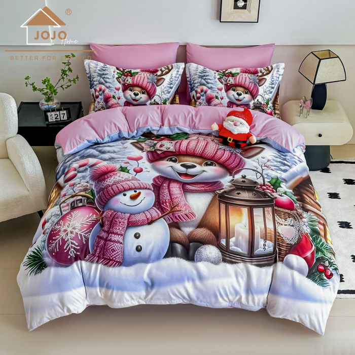 Lenjerie De Pat Finet 6 Piese Cu Elastic 5D Model Craciun - Roz Cu Ren [1]