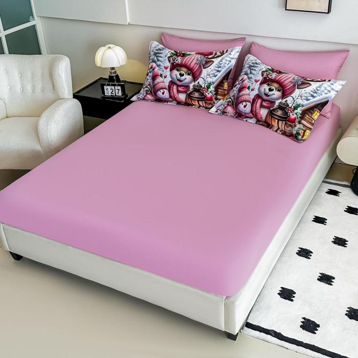 Lenjerie De Pat Finet 6 Piese Cu Elastic 5D Model Craciun - Roz Cu Ren [2]