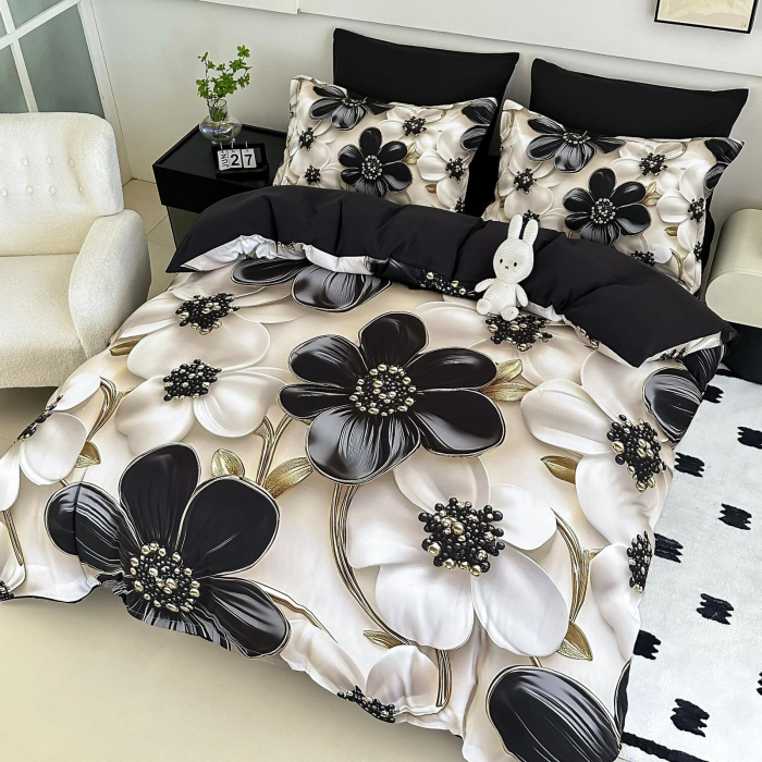 Lenjerie De Pat Finet 6 Piese Cu Elastic 5D - Negru Cu Flori [3]