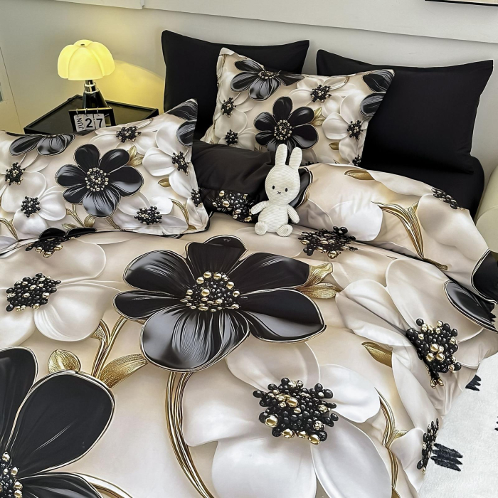 Lenjerie De Pat Finet 6 Piese Cu Elastic 5D - Negru Cu Flori [4]