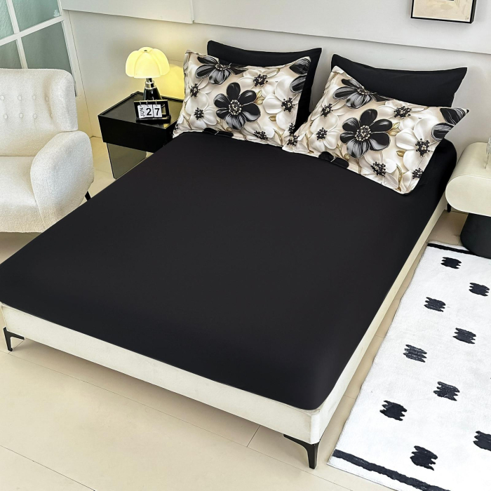 Lenjerie De Pat Finet 6 Piese Cu Elastic 5D - Negru Cu Flori [2]