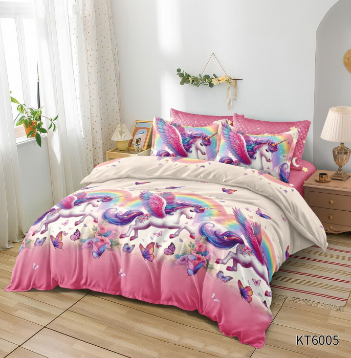 Lenjerie De Pat Finet 6 Piese Cu Elastic Imprimeu Animat - Unicorn Si Fluturasi Colorati [1]