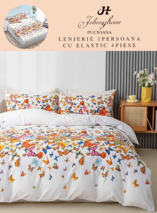Lenjerie De Pat Finet Cu Elastic 1 Persoana - Fluturi Multicolori [1]