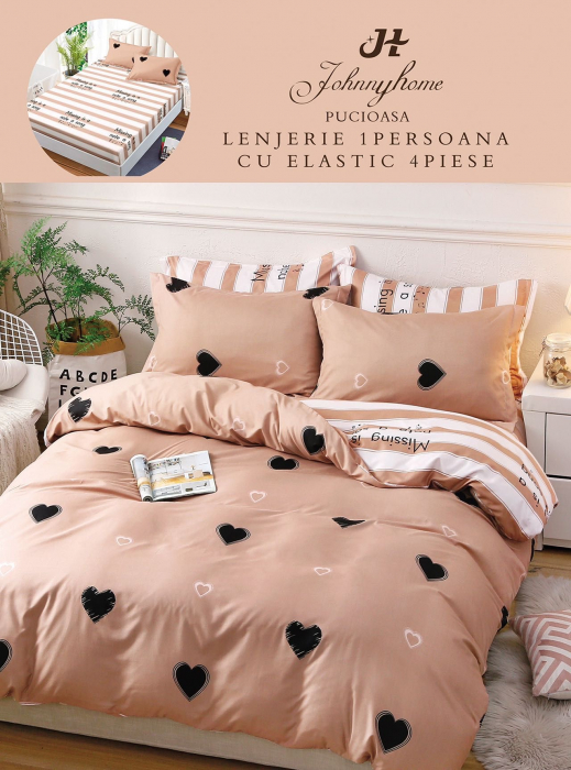 Lenjerie De Pat Finet Cu Elastic 1 Persoana - Inimioare Roz Pudra [1]
