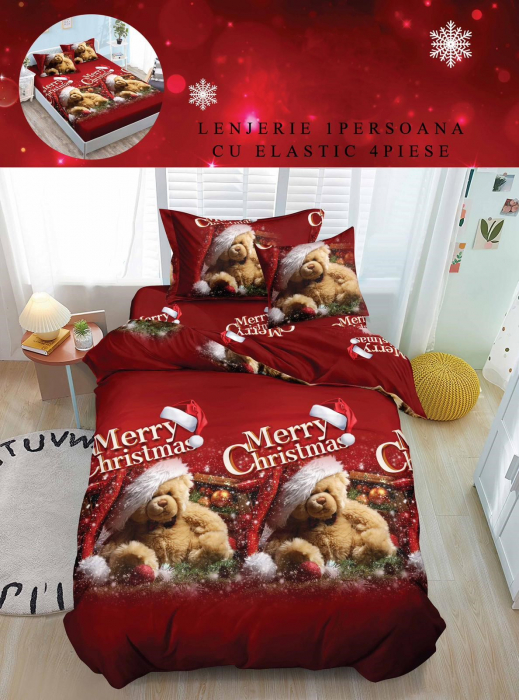 Lenjerie De Pat Finet Cu Elastic 1 Persoana - Merry Christmas Teddy [1]