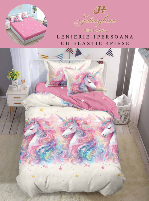 Lenjerie De Pat Finet Cu Elastic 1 Persoana - Unicorn Multicolor [1]