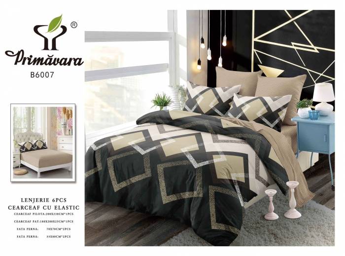 Lenjerie De Pat Finet Cu Elastic - Bej Cu Forme Geometrice [1]