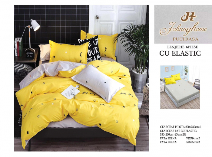 Lenjerie De Pat Finet Cu Elastic - Gri/Galben Cu Genute Si Stelute [1]