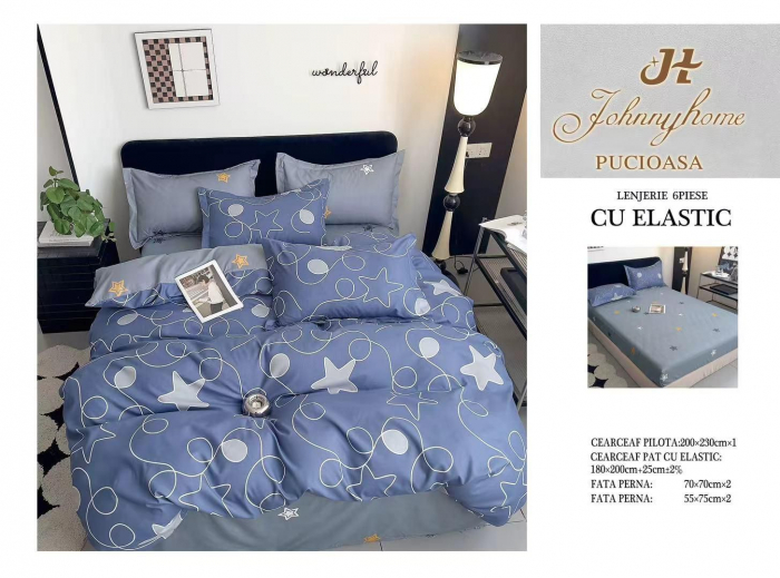 Lenjerie De Pat Finet Cu Elastic - Bleu Cu Stelute [1]