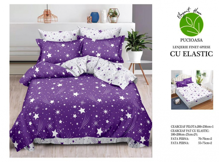 Lenjerie De Pat Finet Cu Elastic - Mov Cu Stelute Albe [1]