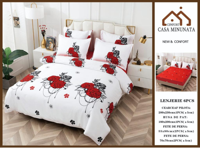 Lenjerie De Pat Finet Cu Elastic - Trandafiri Rosii Pe Fundal Alb [1]