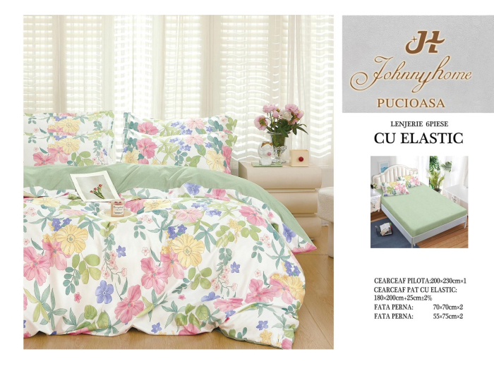 Lenjerie De Pat Finet Cu Elastic - Verde Cu Flori [1]