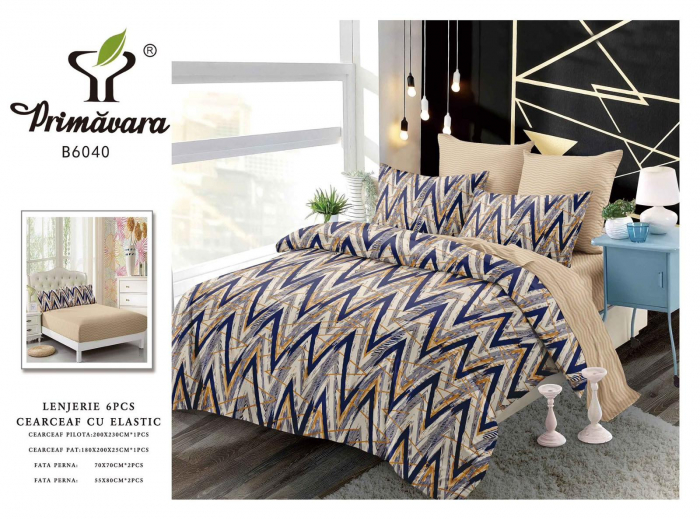 Lenjerie De Pat Finet Cu Elastic - Zig Zag Bej Bleumarin [1]