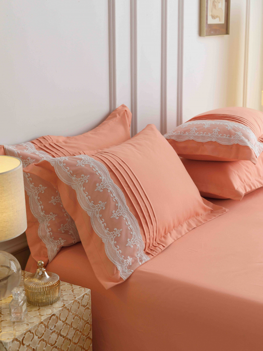 Lenjerie De Pat Finet Cu Inimioare Brodate - Pastel Orange [7]