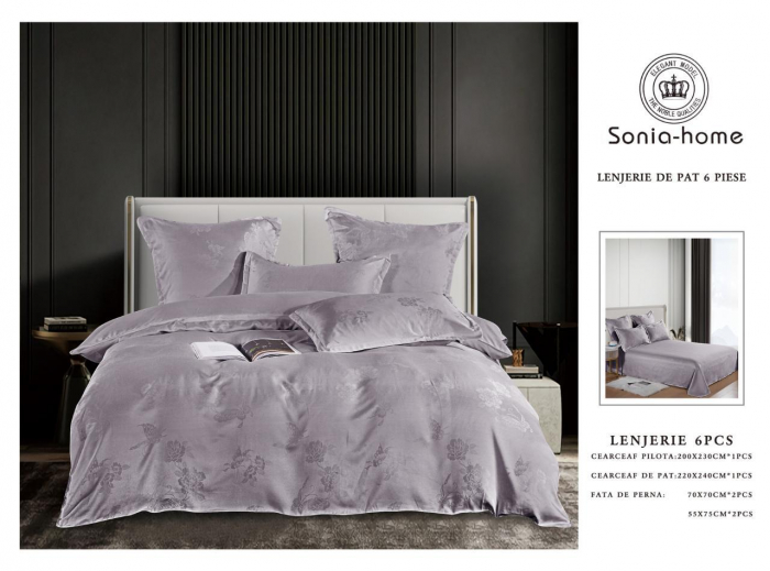 Lenjerie De Pat Jacquard Satinat Cu Insertii De Broderie - Mov Cu Trandafiri [1]