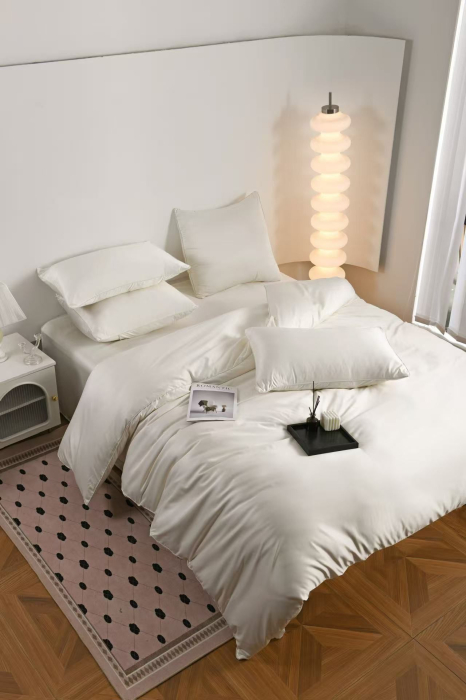 Lenjerie De Pat Premium Din Matase 6 Piese - Alb Unt [5]