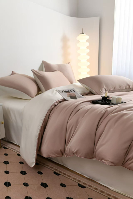 Lenjerie De Pat Premium Din Matase 6 Piese - Bej Si Crem [5]