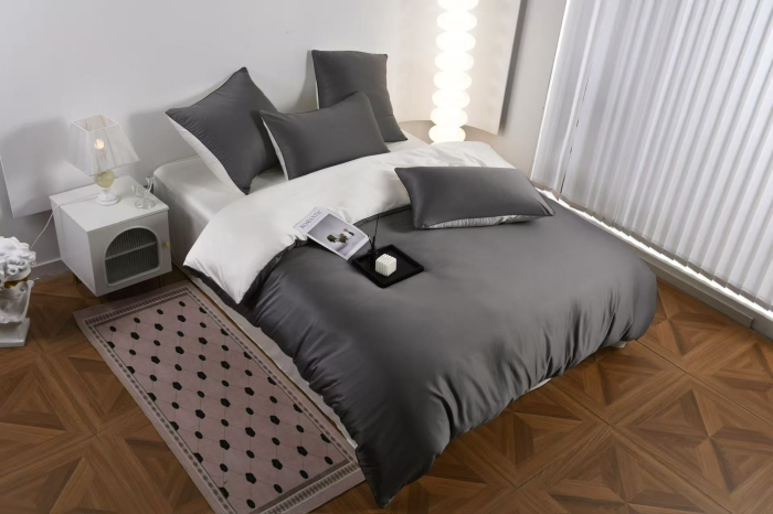 Lenjerie De Pat Premium Din Matase 6 Piese - Gri Cu Gri Deschis [14]