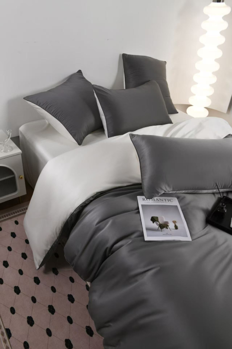 Lenjerie De Pat Premium Din Matase 6 Piese - Gri Cu Gri Deschis [7]