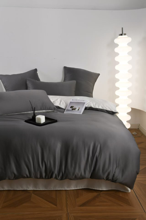 Lenjerie De Pat Premium Din Matase 6 Piese - Gri Cu Gri Deschis [15]