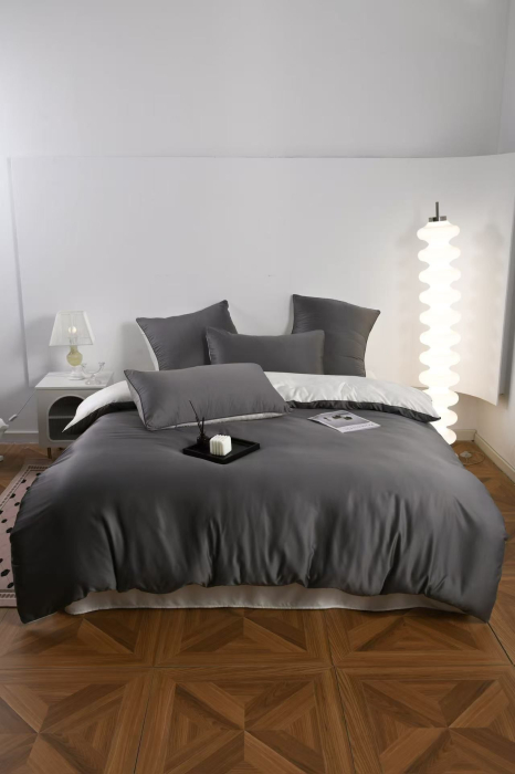 Lenjerie De Pat Premium Din Matase 6 Piese - Gri Cu Gri Deschis [9]