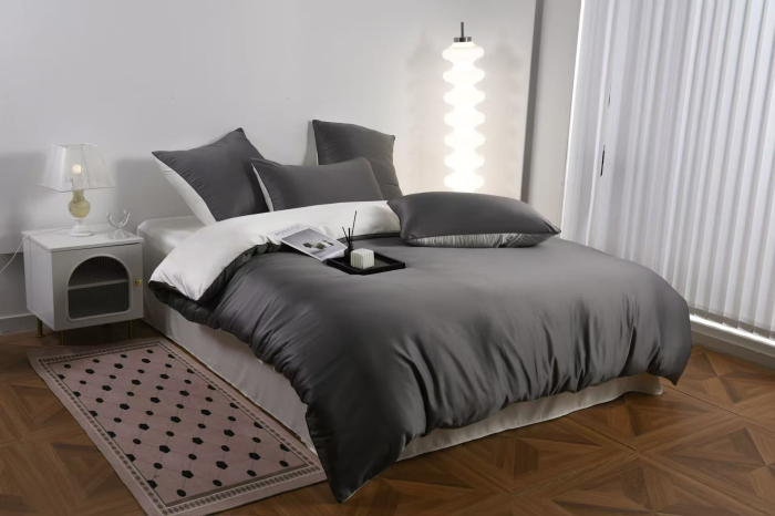 Lenjerie De Pat Premium Din Matase 6 Piese - Gri Cu Gri Deschis [5]