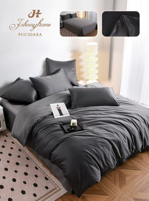 Lenjerie De Pat Premium Din Matase 6 Piese - Gri Inchis Si Gri Deschis [1]