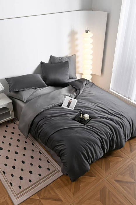 Lenjerie De Pat Premium Din Matase 6 Piese - Gri Inchis Si Gri Deschis [9]