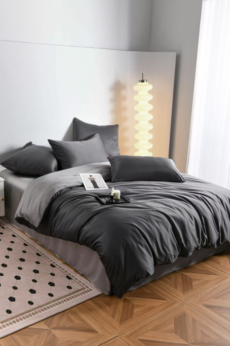 Lenjerie De Pat Premium Din Matase 6 Piese - Gri Inchis Si Gri Deschis [16]