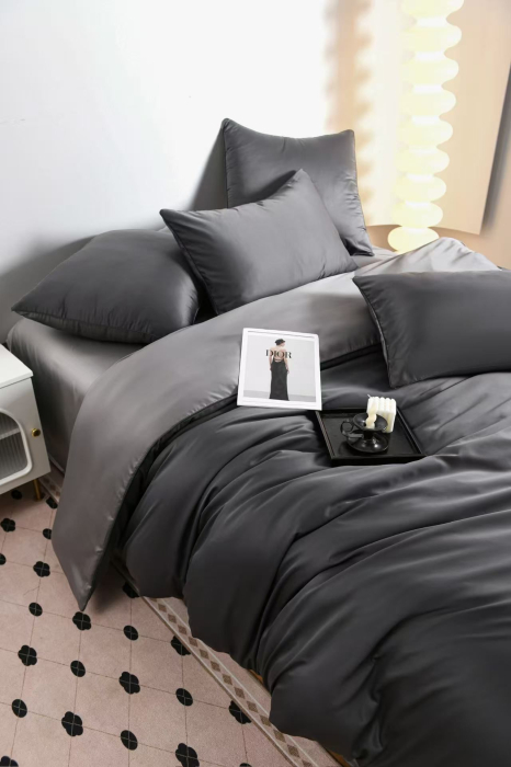 Lenjerie De Pat Premium Din Matase 6 Piese - Gri Inchis Si Gri Deschis [10]