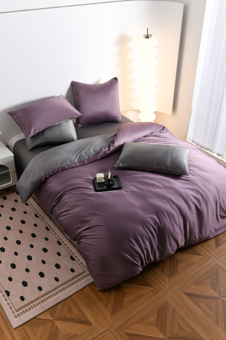 Lenjerie De Pat Premium Din Matase 6 Piese - Gri Si Violet [5]