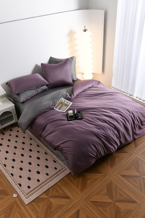 Lenjerie De Pat Premium Din Matase 6 Piese - Gri Si Violet [10]