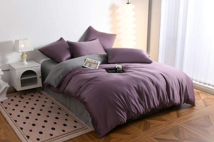 Lenjerie De Pat Premium Din Matase 6 Piese - Gri Si Violet [17]