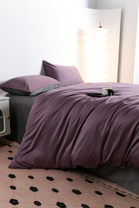 Lenjerie De Pat Premium Din Matase 6 Piese - Gri Si Violet [12]