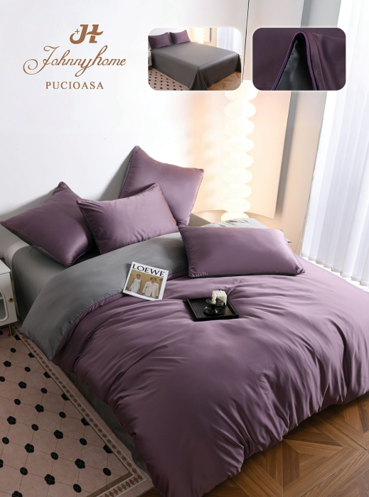 Lenjerie De Pat Premium Din Matase 6 Piese - Gri Si Violet [6]