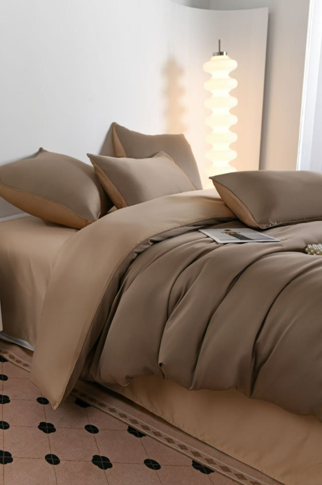 Lenjerie De Pat Premium Din Matase 6 Piese - Maro Si Bej [3]