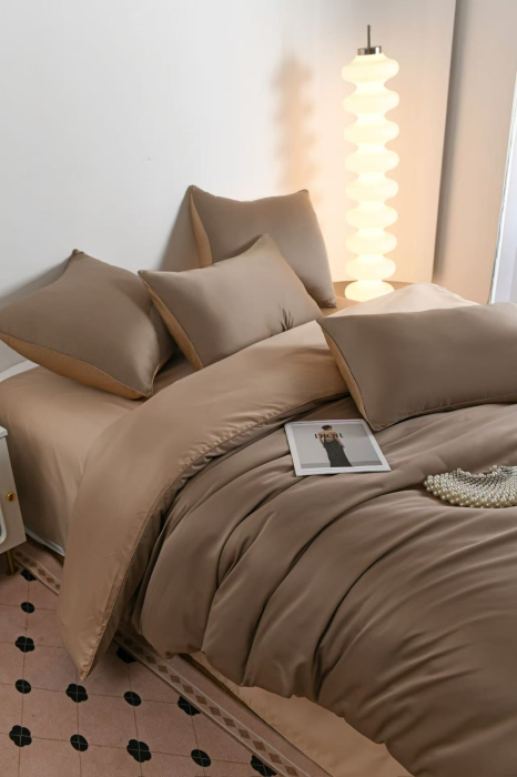 Lenjerie De Pat Premium Din Matase 6 Piese - Maro Si Bej [8]