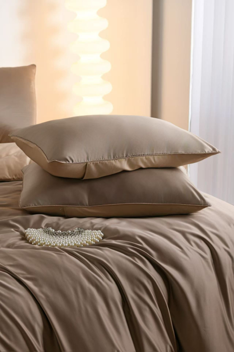 Lenjerie De Pat Premium Din Matase 6 Piese - Maro Si Bej [10]