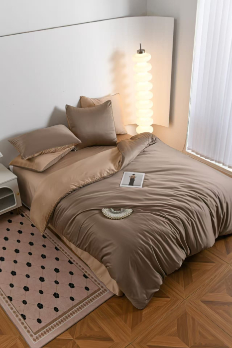 Lenjerie De Pat Premium Din Matase 6 Piese - Maro Si Bej [12]