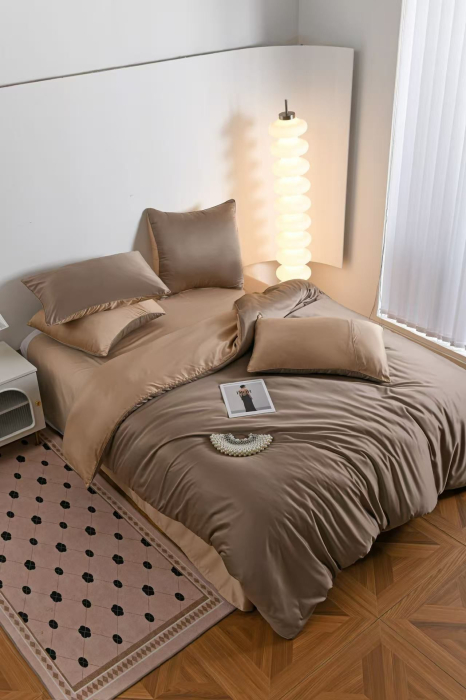 Lenjerie De Pat Premium Din Matase 6 Piese - Maro Si Bej [17]