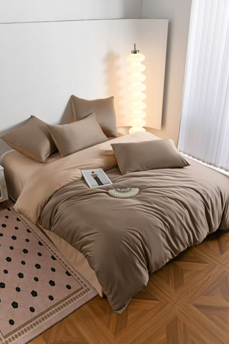 Lenjerie De Pat Premium Din Matase 6 Piese - Maro Si Bej [20]