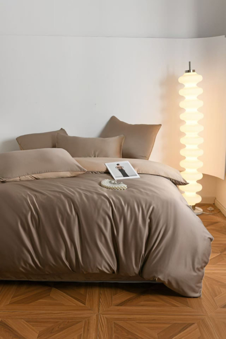 Lenjerie De Pat Premium Din Matase 6 Piese - Maro Si Bej [11]