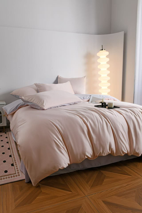 Lenjerie De Pat Premium Din Matase 6 Piese - Somon Cu Gri Deschis [7]