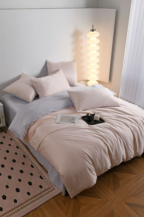 Lenjerie De Pat Premium Din Matase 6 Piese - Somon Cu Gri Deschis [20]