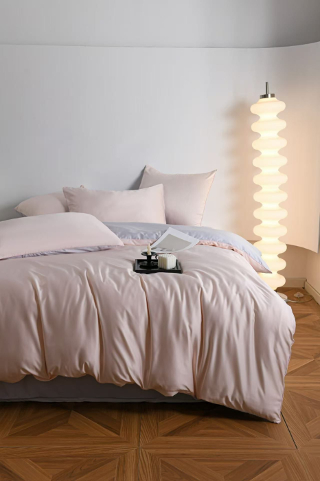 Lenjerie De Pat Premium Din Matase 6 Piese - Somon Cu Gri Deschis [11]